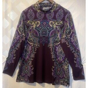 SUSAN GRAVER  Paisley & Scroll Bohemian Art Liquid Knit Tunic L